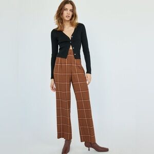 Aritzia Wilfred Effortless Pants High Waist Wide Leg Brown Plaid Trousers